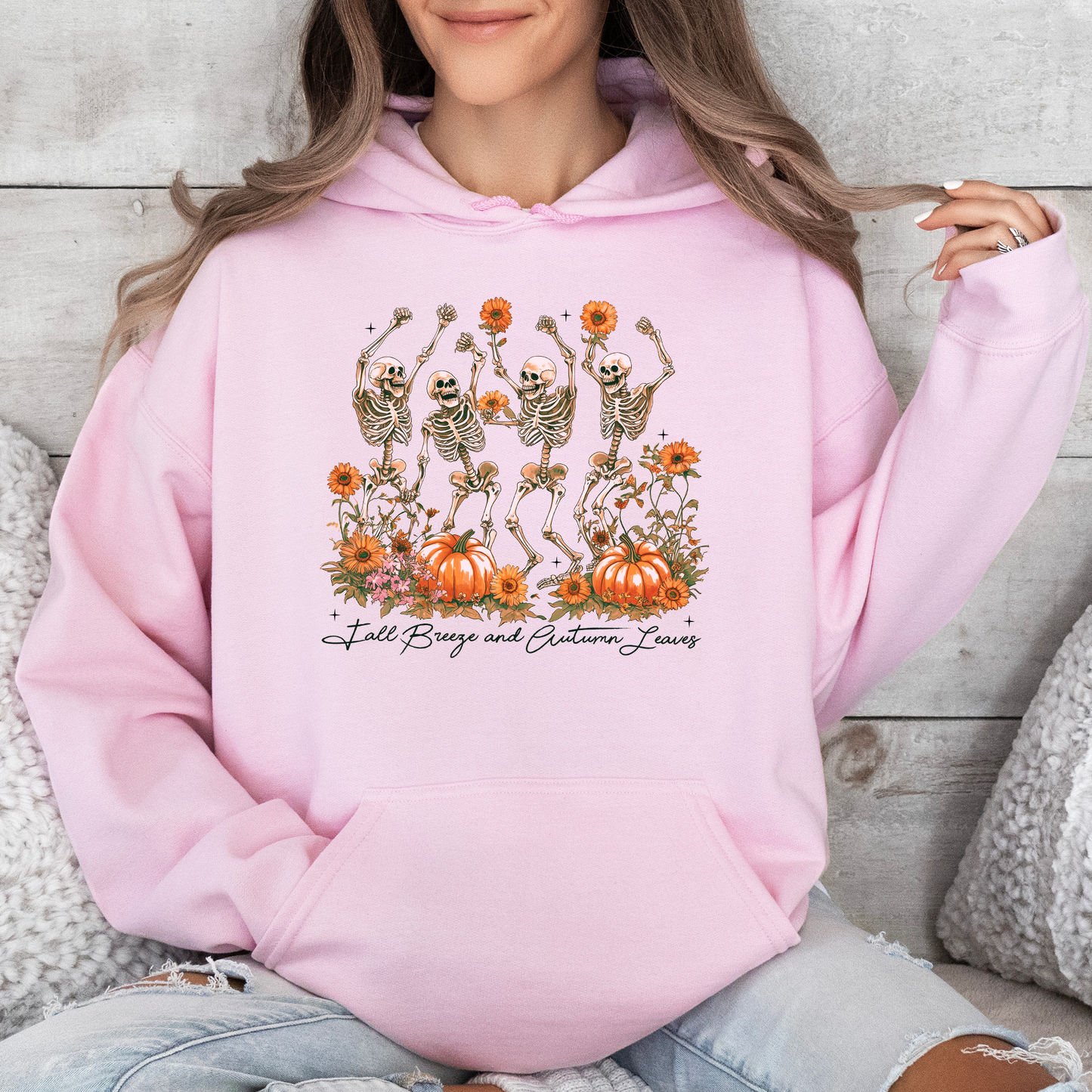 Fall Breeze And Autumn Leaves Skeletons Pumpkin Spice Autumn Skeleton Dancing Skeletons Graphic Hoodie
