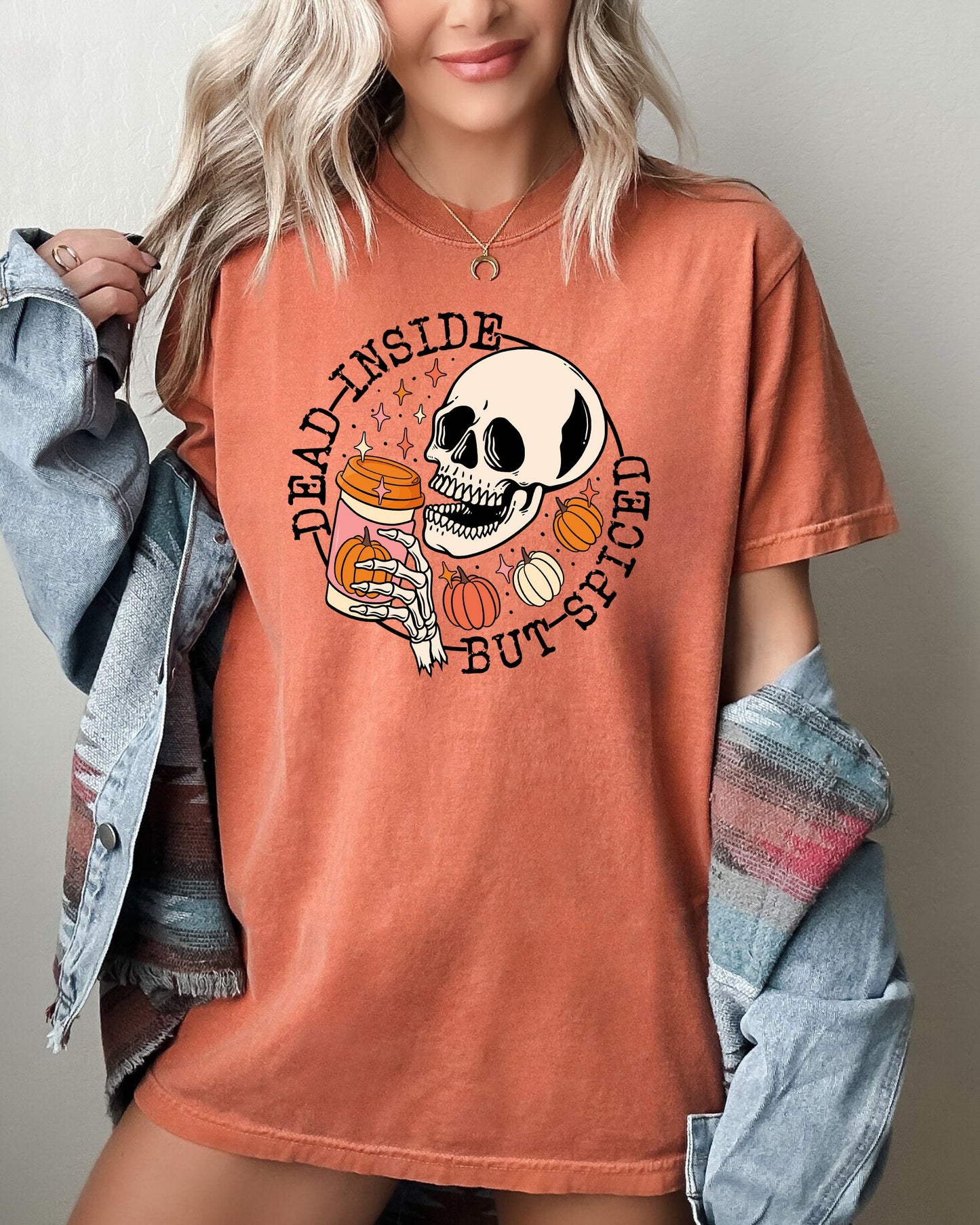 Dead Inside But Spiced Pumpkin Spice Latte Skeleton Halloween Fall Thanksgiving Comfort Colors Tee
