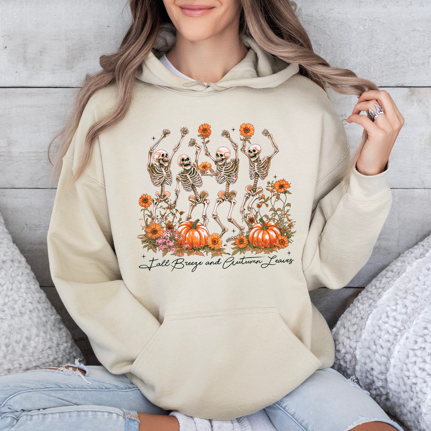 Fall Breeze And Autumn Leaves Skeletons Pumpkin Spice Autumn Skeleton Dancing Skeletons Graphic Hoodie